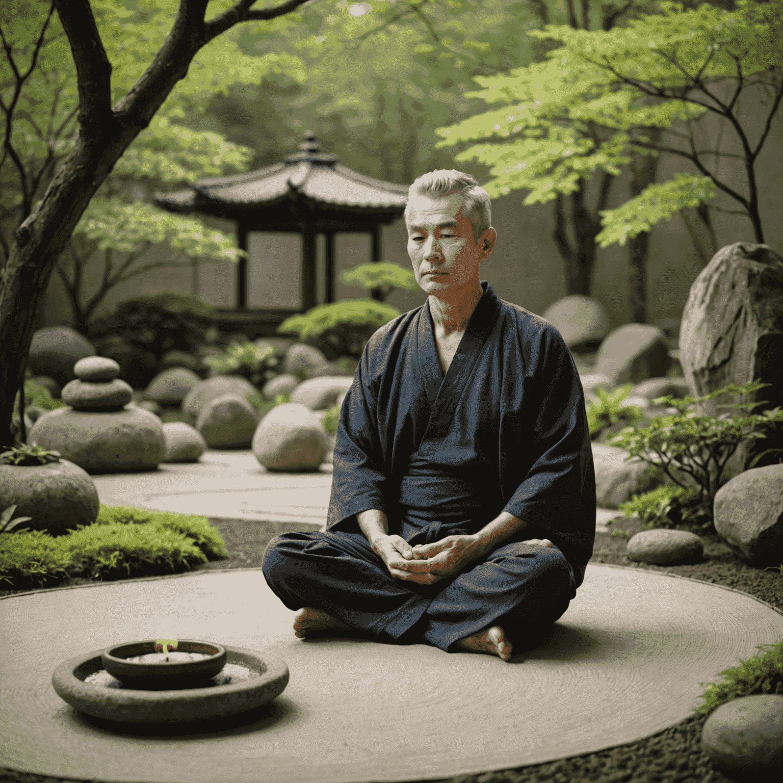 Portrait d'un homme calme aux cheveux grisonnants, dans la cinquantaine, méditant dans un jardin zen