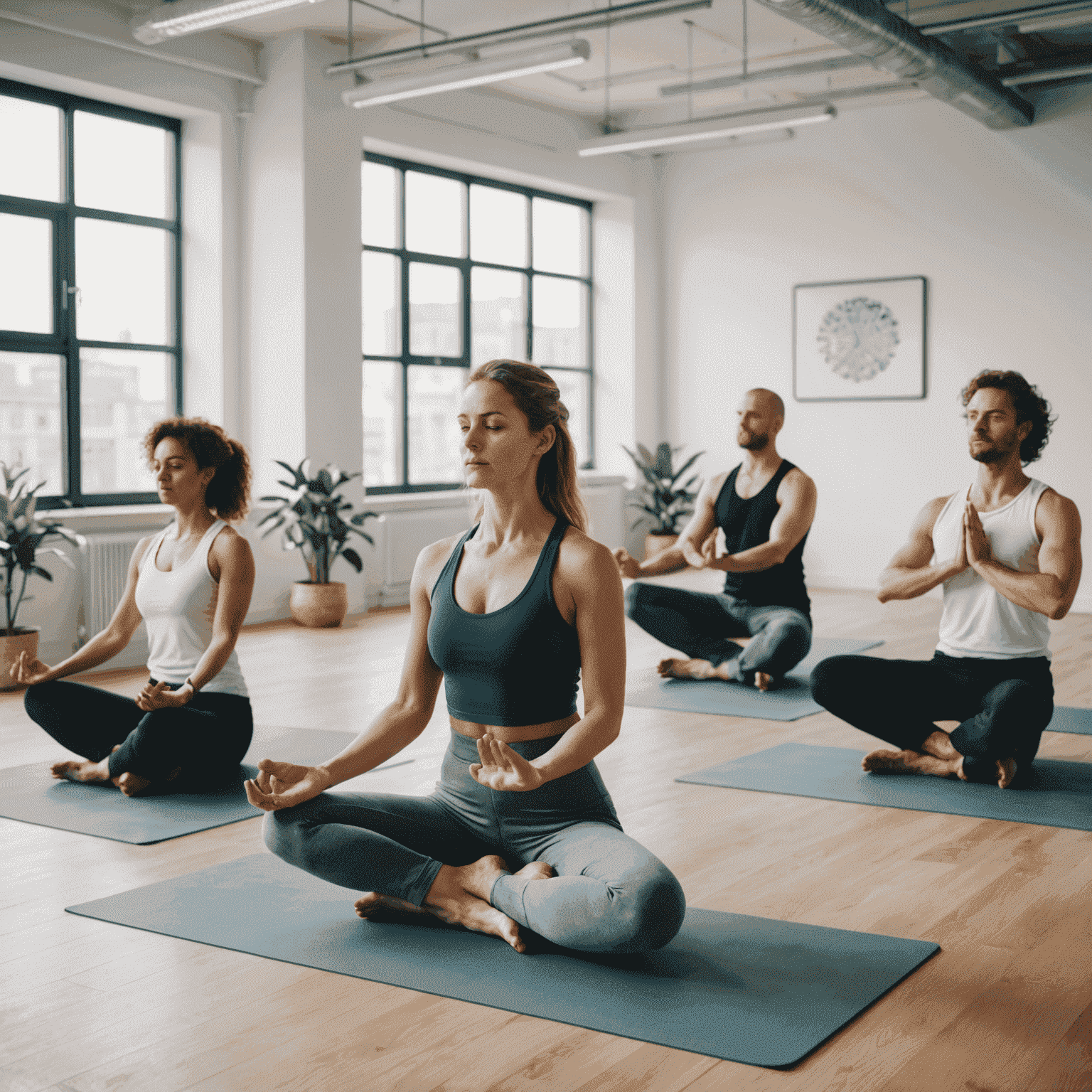 Un groupe d'employés français pratiquant le yoga dans un espace de bureau moderne et lumineux