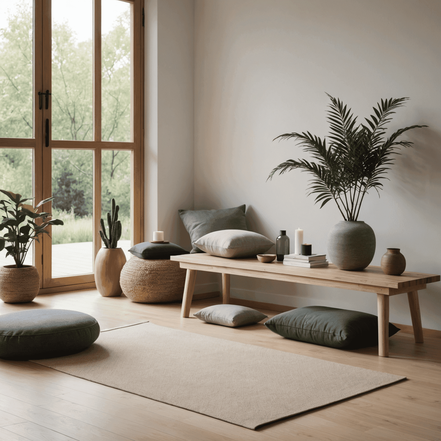 Un espace de méditation épuré avec un tapis de yoga, quelques coussins et une petite étagère de rangement