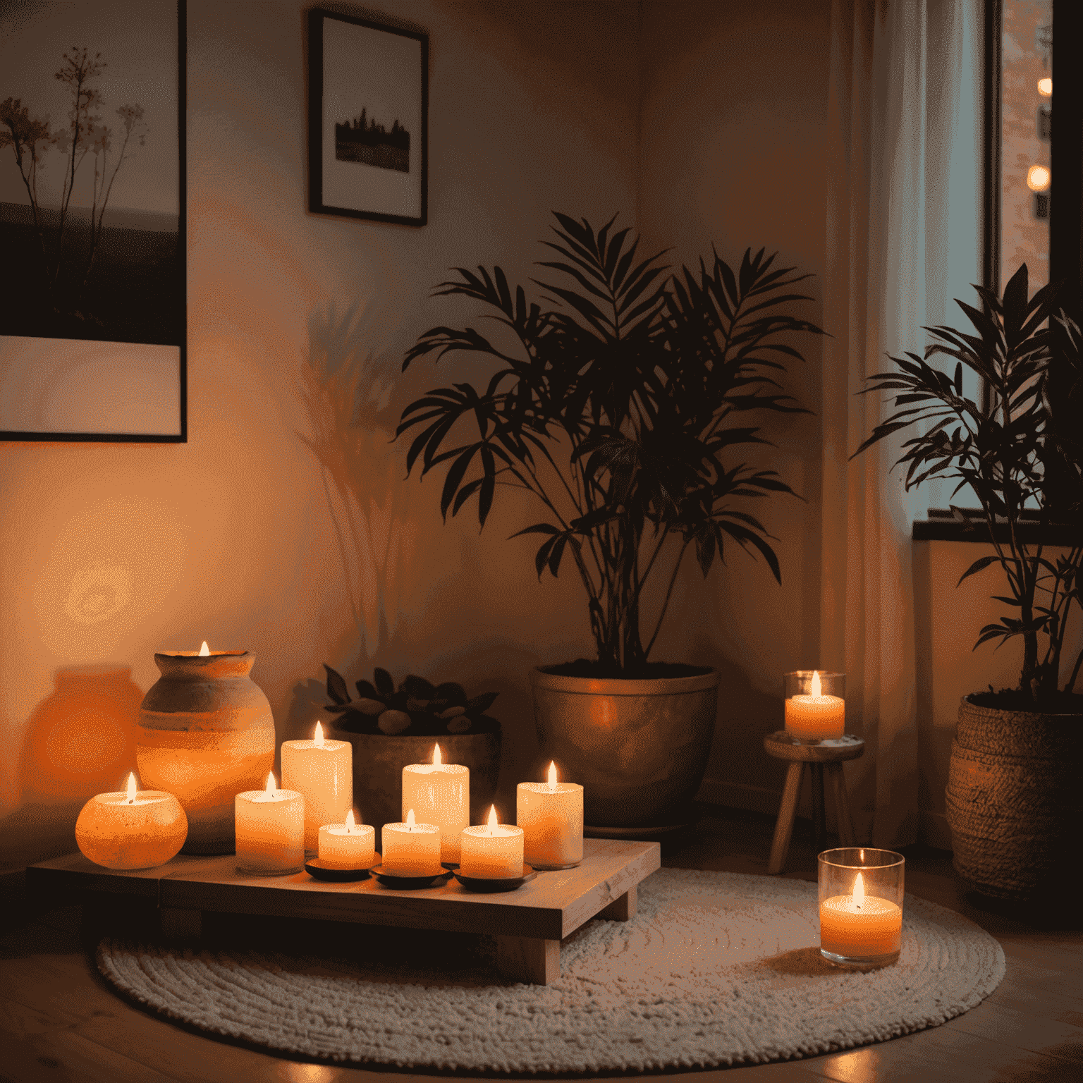 Un coin de méditation le soir, éclairé par des bougies et une lampe de sel, créant une ambiance chaleureuse